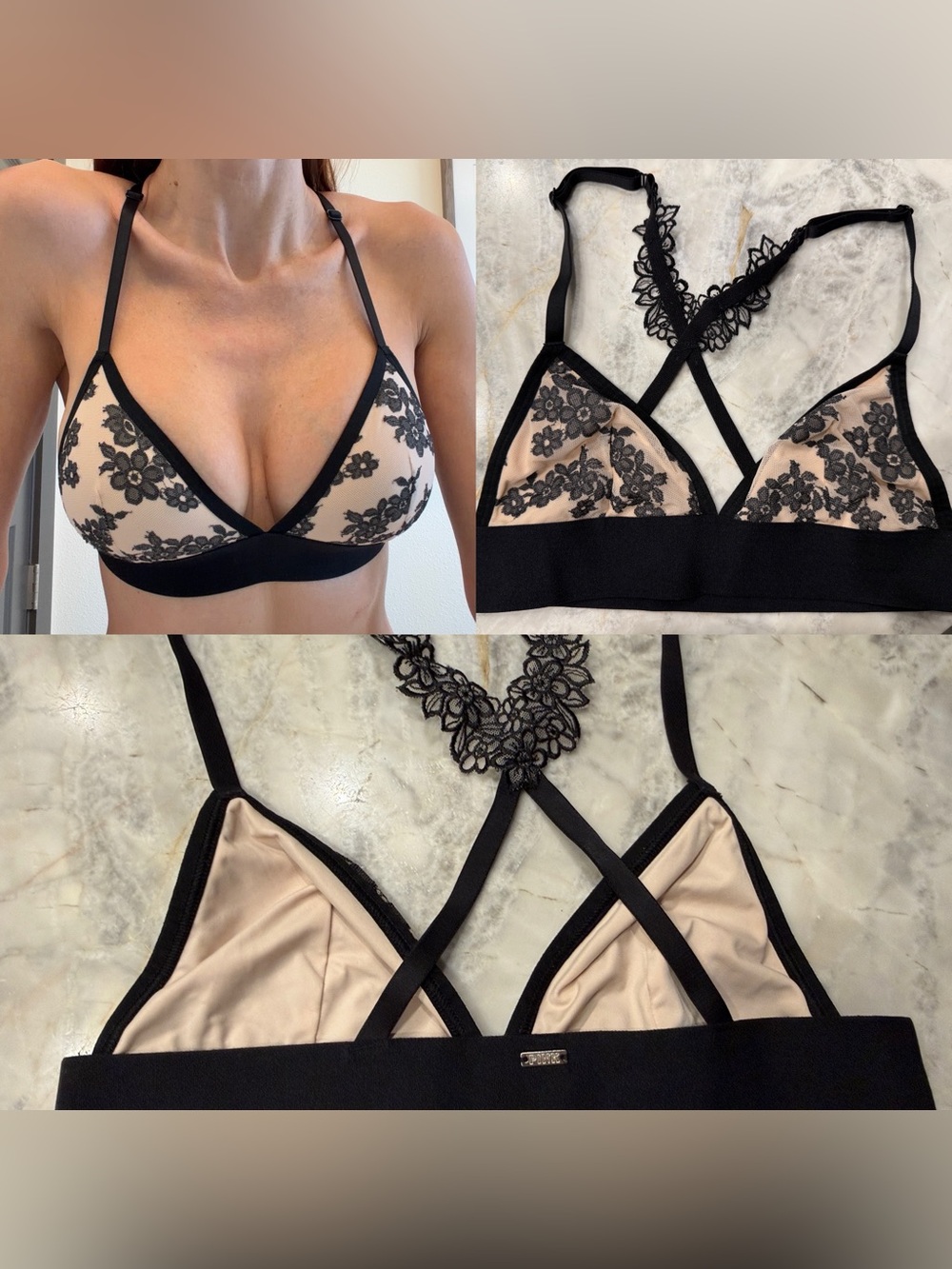 PINK Victoria's Secret Black Floral Lace & Nude Bralette Sz M